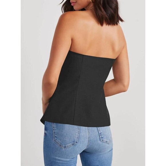 Women Notched NeckTube Black Tops Blazer Sleeveless Button Fitted Strapless Vest - Picture 2 of 7
